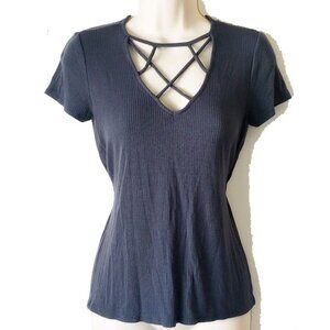 American Eagle Criss-Cross Strappy Ribbed T-shirt S Blue-Gray